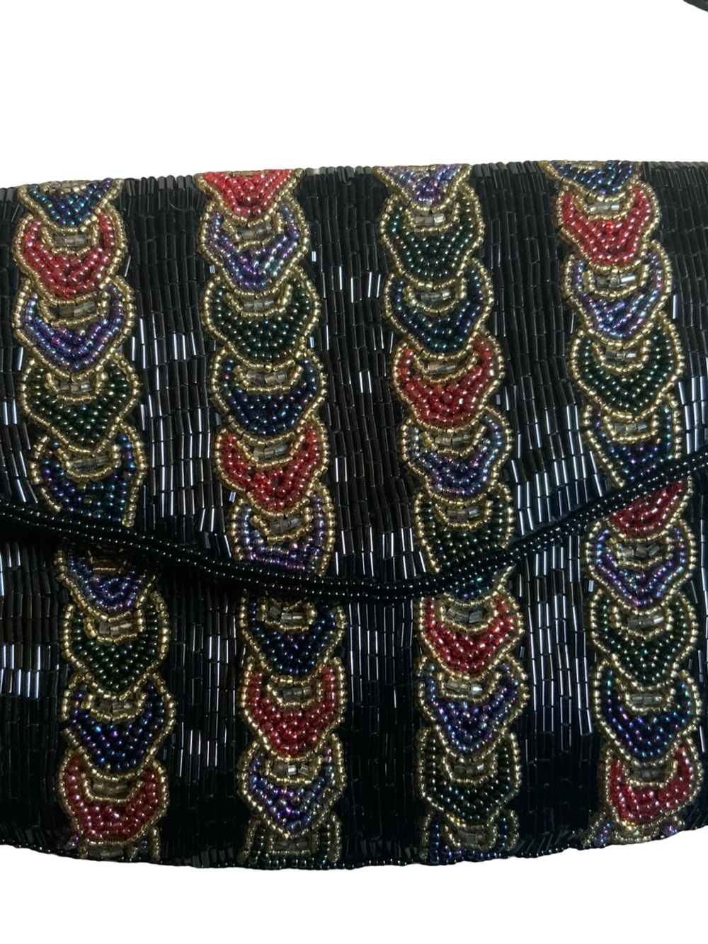 Black Beaded Evening Clutch with Multicolor Bead Accents